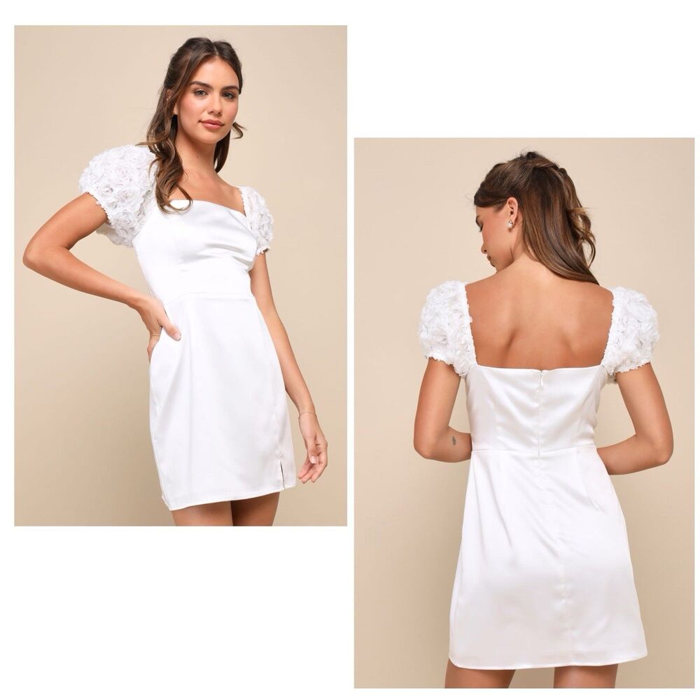 Lulu's White Mini Dress with Puff Floral Sleeves